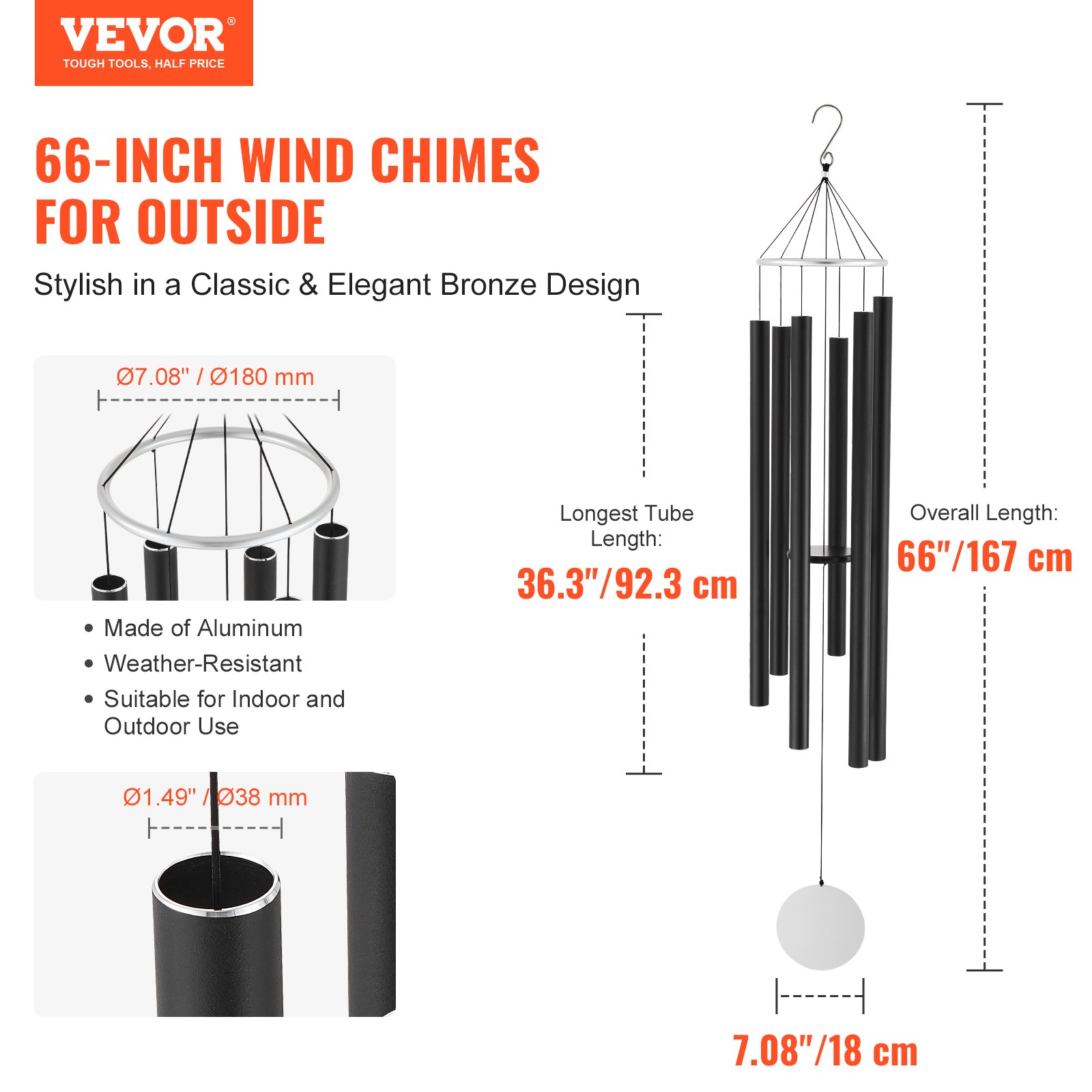Campanas de viento VEVOR para exteriores Campanas de viento de tono profundo conmemorativas de aluminio de 66 pulgadas