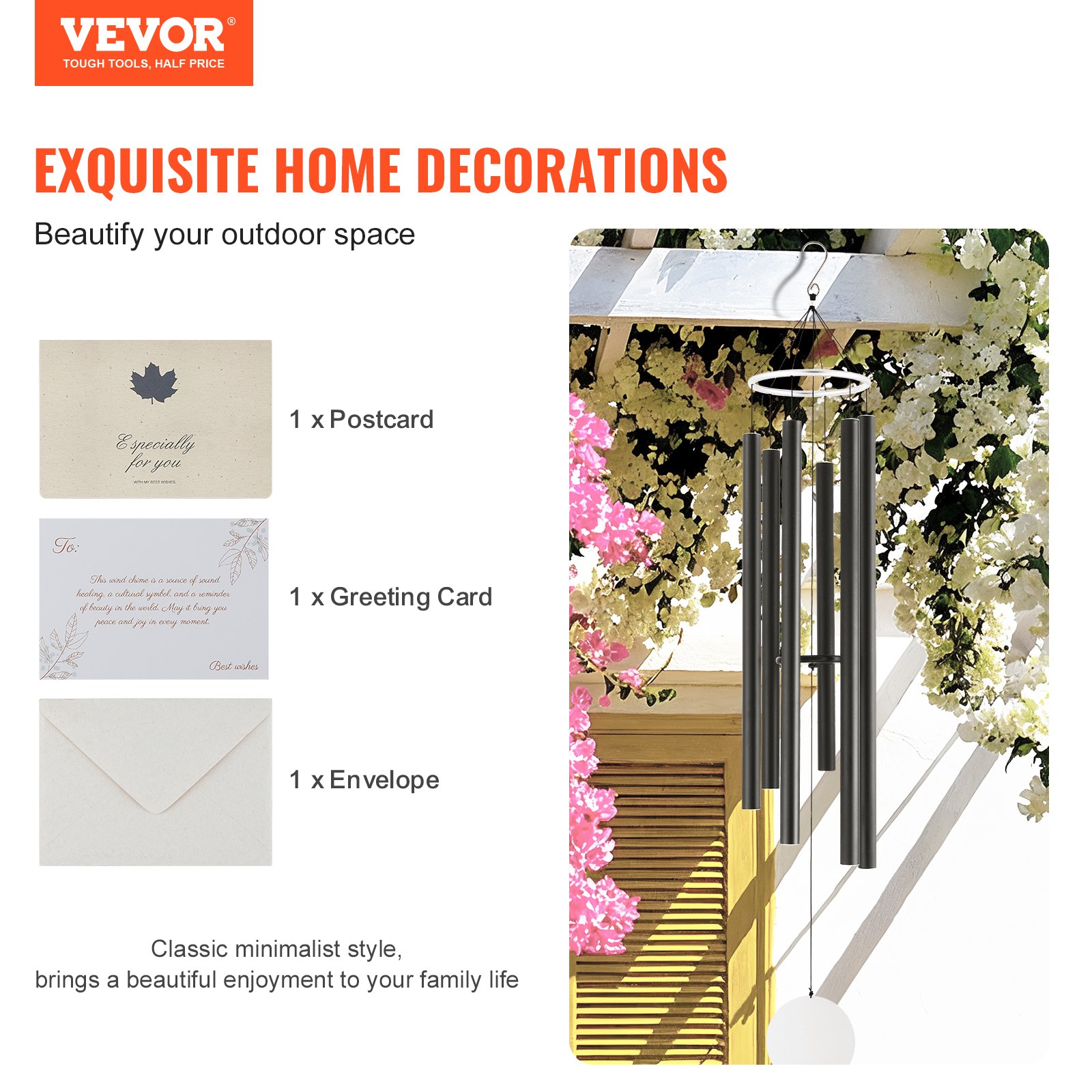 VEVOR Campanas de viento para exterior, 167 cm, tono profundo con 6 tubos, únicas y grandes campanas conmemorativas para aniversario, increíble decoración para exteriores para tu patio, porche, jardín y patio trasero, color negro