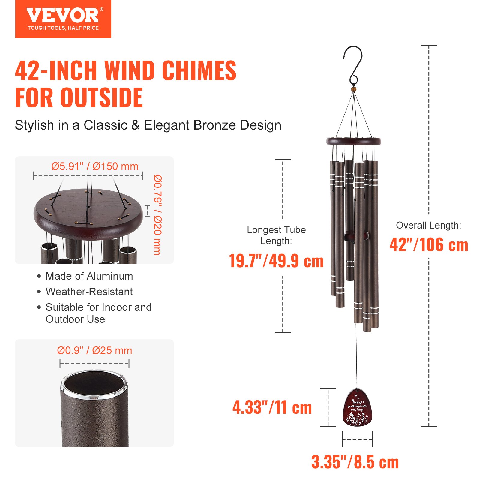 Campanas de viento VEVOR para exteriores Campanas de viento de tono profundo conmemorativas de aluminio de 42 pulgadas