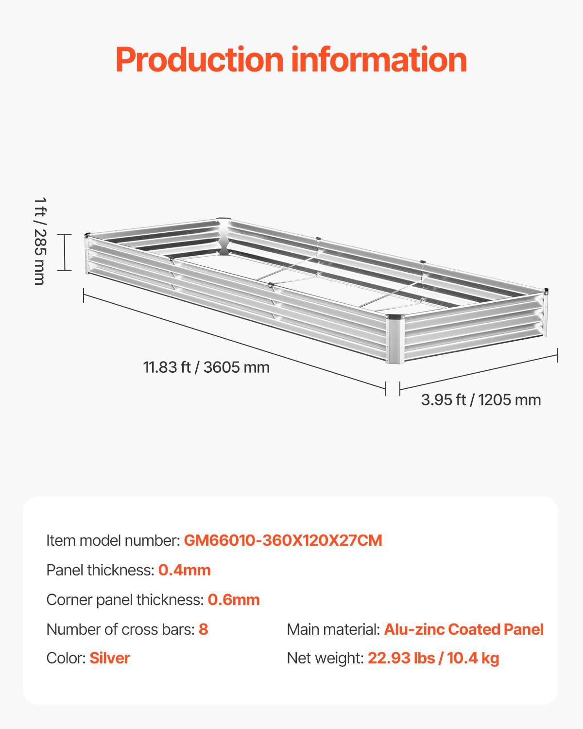 Jardinera elevada de metal de 12 x 4 x 1 pie para exteriores, galvanizada, color plateado