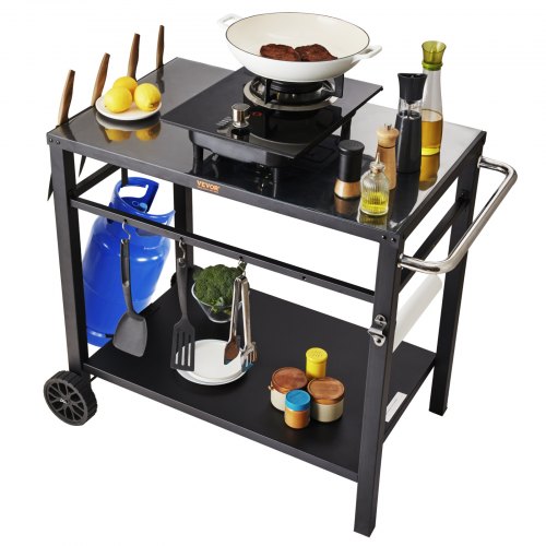 VEVOR Carrito de comedor para parrilla al aire libre con doble estante, mesa de preparación de alimentos móvil para barbacoa, mesa de hierro multifuncional, carros modulares portátiles para horno de pizza, mesa de trabajo con 2 ruedas, asa de transporte, negro