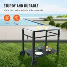 VEVOR Carrito de comedor para parrilla al aire libre con doble estante, mesa de preparación de alimentos móvil para barbacoa, mesa de hierro multifuncional, carros modulares portátiles para horno de pizza, mesa de trabajo con 2 ruedas, asa de transporte, negro