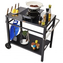VEVOR Carrito de comedor para parrilla al aire libre con doble estante, mesa de preparación de alimentos móvil para barbacoa, mesa de hierro multifuncional, carros modulares portátiles para horno de pizza, mesa de trabajo con 2 ruedas, asa de transporte, negro