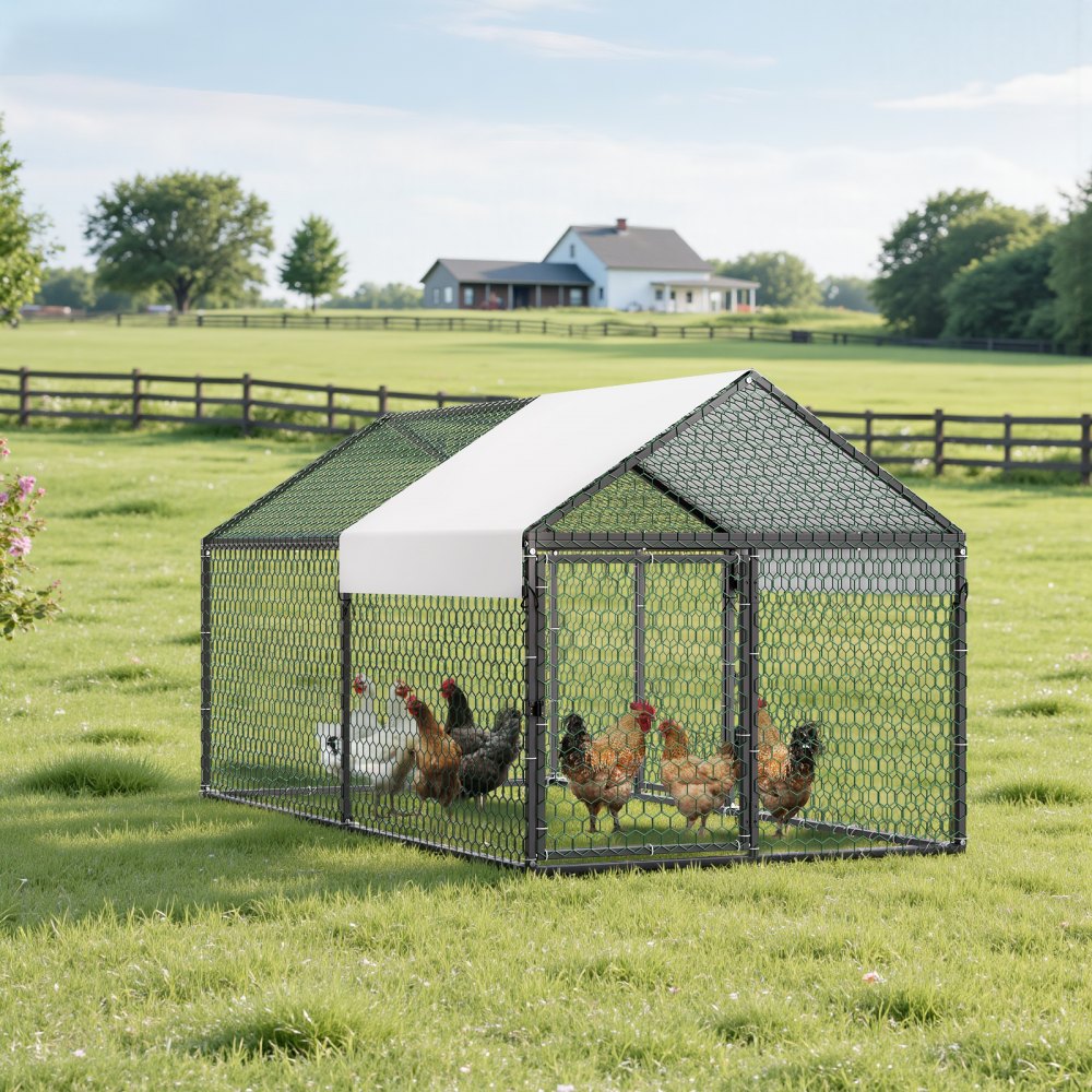 Gallinero metálico VEVOR para 4-6 gallinas, 100 x 190 x 100 cm, jaula pequeña para gallinas con cubierta impermeable y puertas dobles, corral con techo en forma de aguja compatible con gallineros de madera, para conejos, gallinas, gansos y patos.