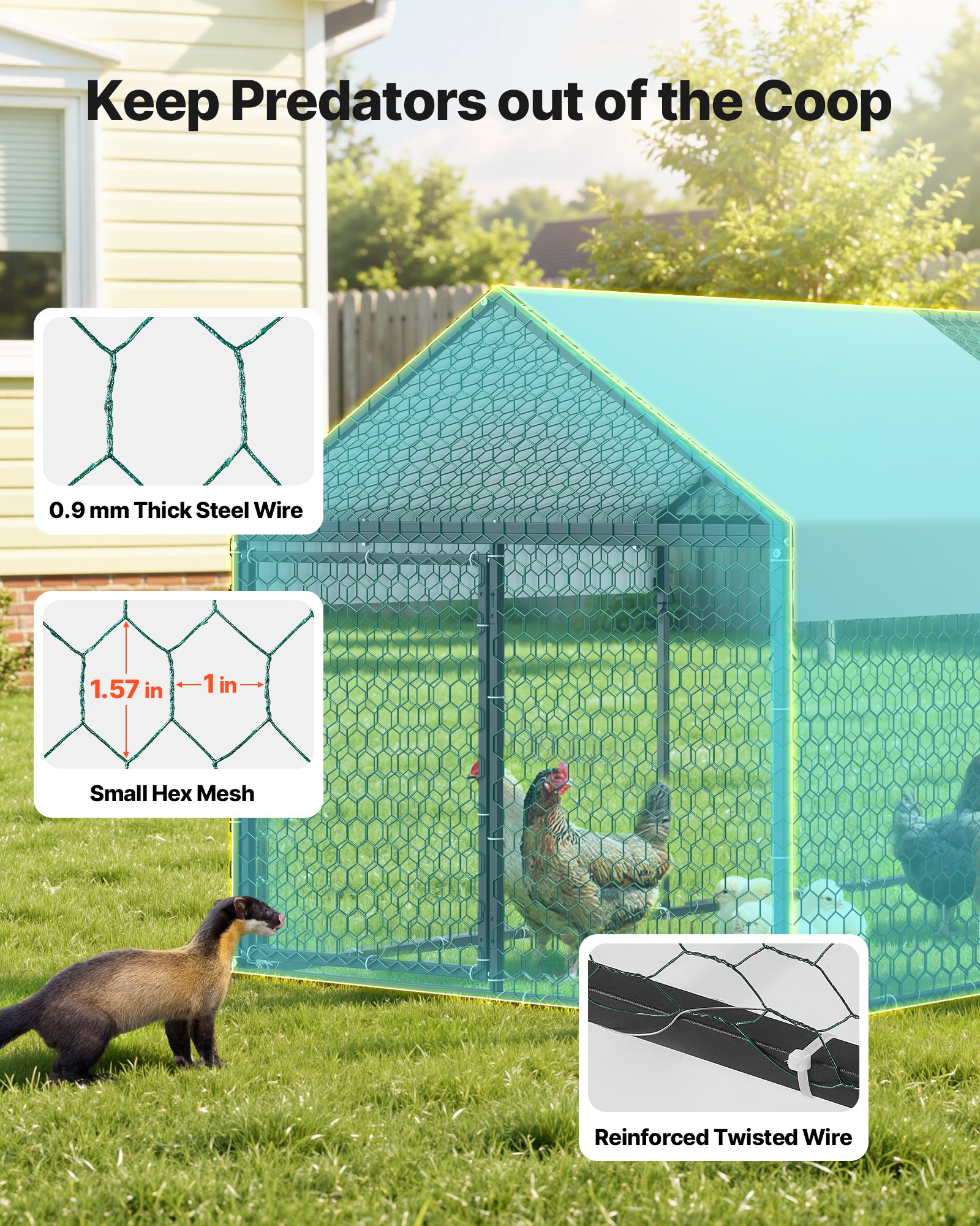 Gallinero metálico VEVOR para 4-6 gallinas, 100 x 190 x 100 cm, jaula pequeña para gallinas con cubierta impermeable y puertas dobles, corral con techo en forma de aguja compatible con gallineros de madera, para conejos, gallinas, gansos y patos.