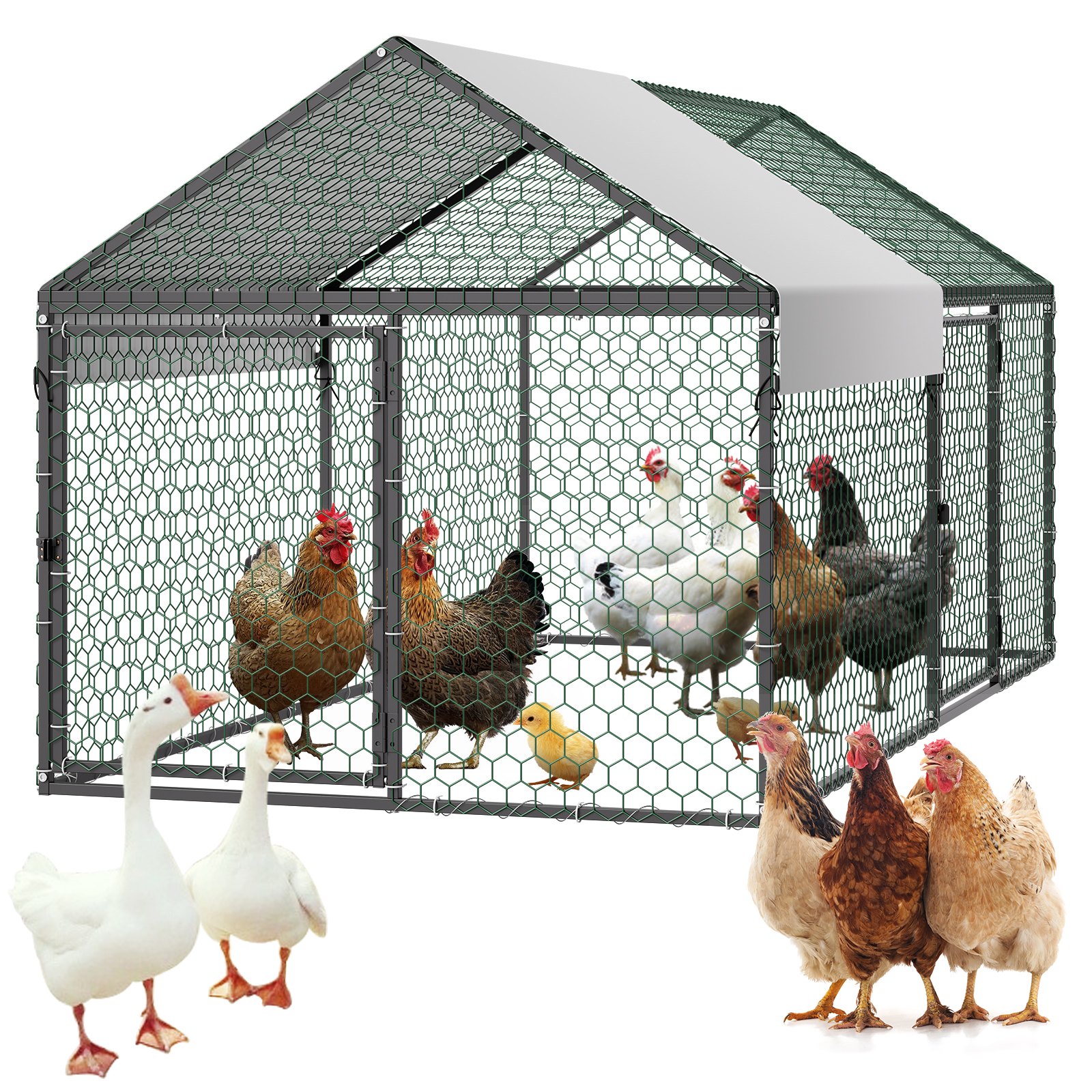 Gallinero metálico VEVOR para 4-6 gallinas, 100 x 190 x 100 cm, jaula pequeña para gallinas con cubierta impermeable y puertas dobles, corral con techo en forma de aguja compatible con gallineros de madera, para conejos, gallinas, gansos y patos.
