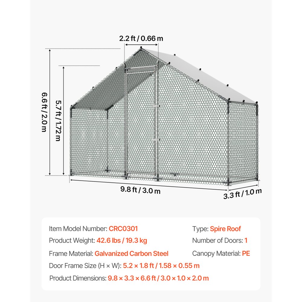 VEVOR Gallinero grande de metal, 3 x 1 x 2 m, gallinero con acceso para caminar, con cubierta impermeable y estructura robusta, jaula para aves de corral con techo en forma de aguja, corral para conejos, gallinas, gansos, uso en exteriores, patios y granjas.