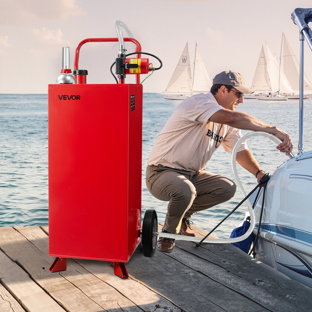 VEVOR Tanque de Combustible, Tanque Portátil 136,38 L Caudal Máximo de 32 L/min con Bomba Eléctrica, 2 Ruedas y 3 m Manguera Contenedor de Gasolina y Diésel para Autos, Cortacéspedes, Botes, Rojo
