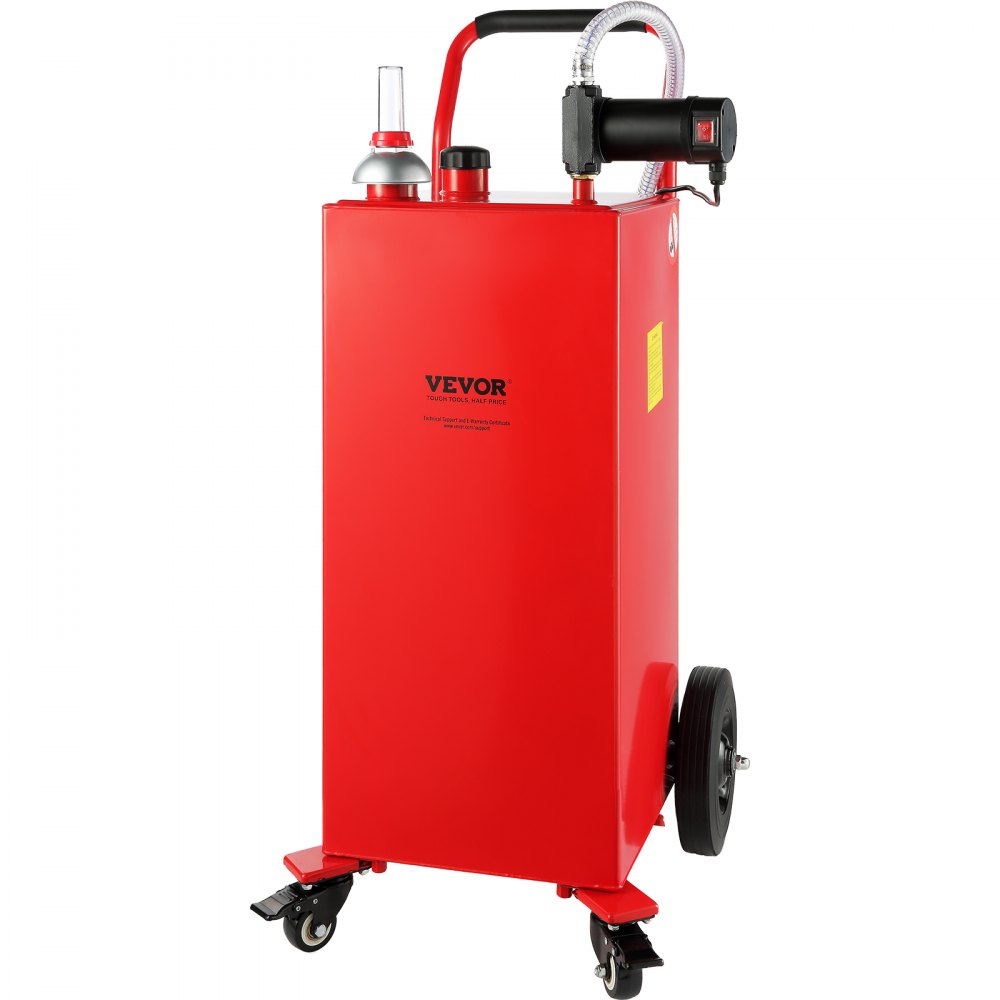 Carrito de combustible VEVOR rojo con bomba y ruedas para facilitar la transferencia y el almacenamiento de combustible.