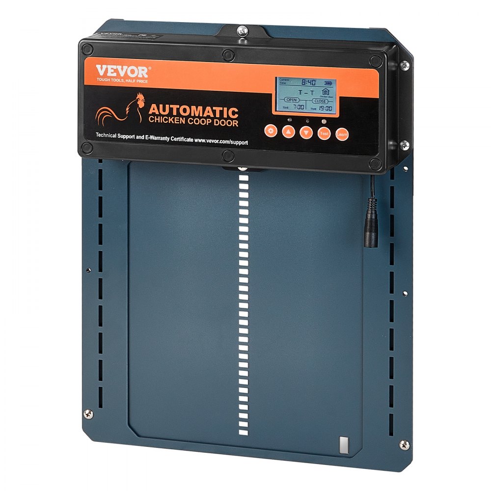 Puerta automática para gallinero VEVOR con panel de control, pantalla LCD y configuraciones de temporizador.