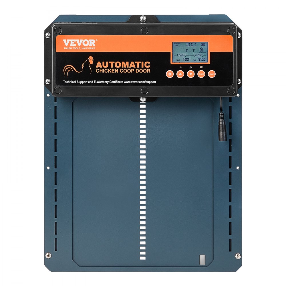 Puerta automática para gallinero VEVOR con pantalla lcd y botones de control, diseño azul oscuro y naranja.