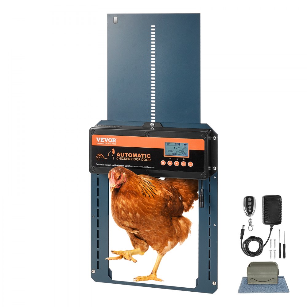 Puerta automática para gallinero VEVOR con gallinero marrón y accesorios de instalación.