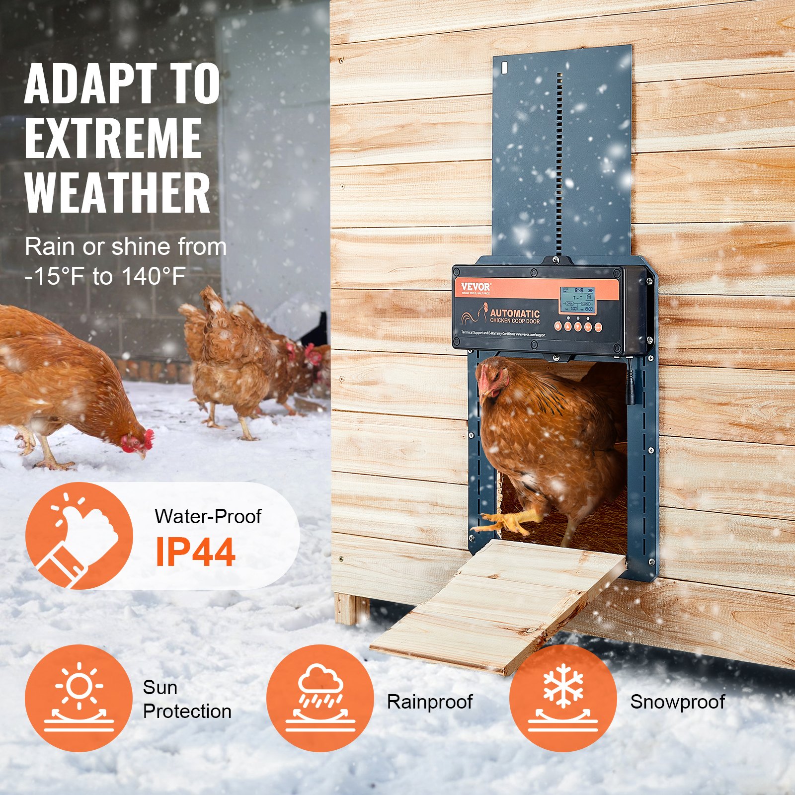 Puerta automática para gallinero VEVOR con características impermeables ip44, protección solar, a prueba de lluvia y a prueba de nieve.