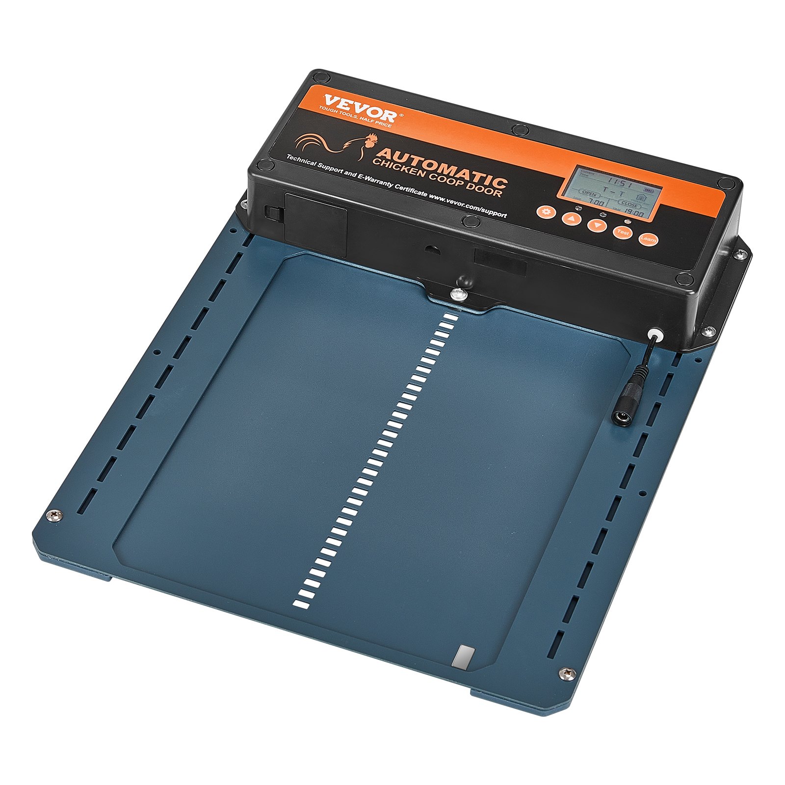 Puerta automática para gallinero VEVOR con pantalla digital y marco de metal azul resistente.