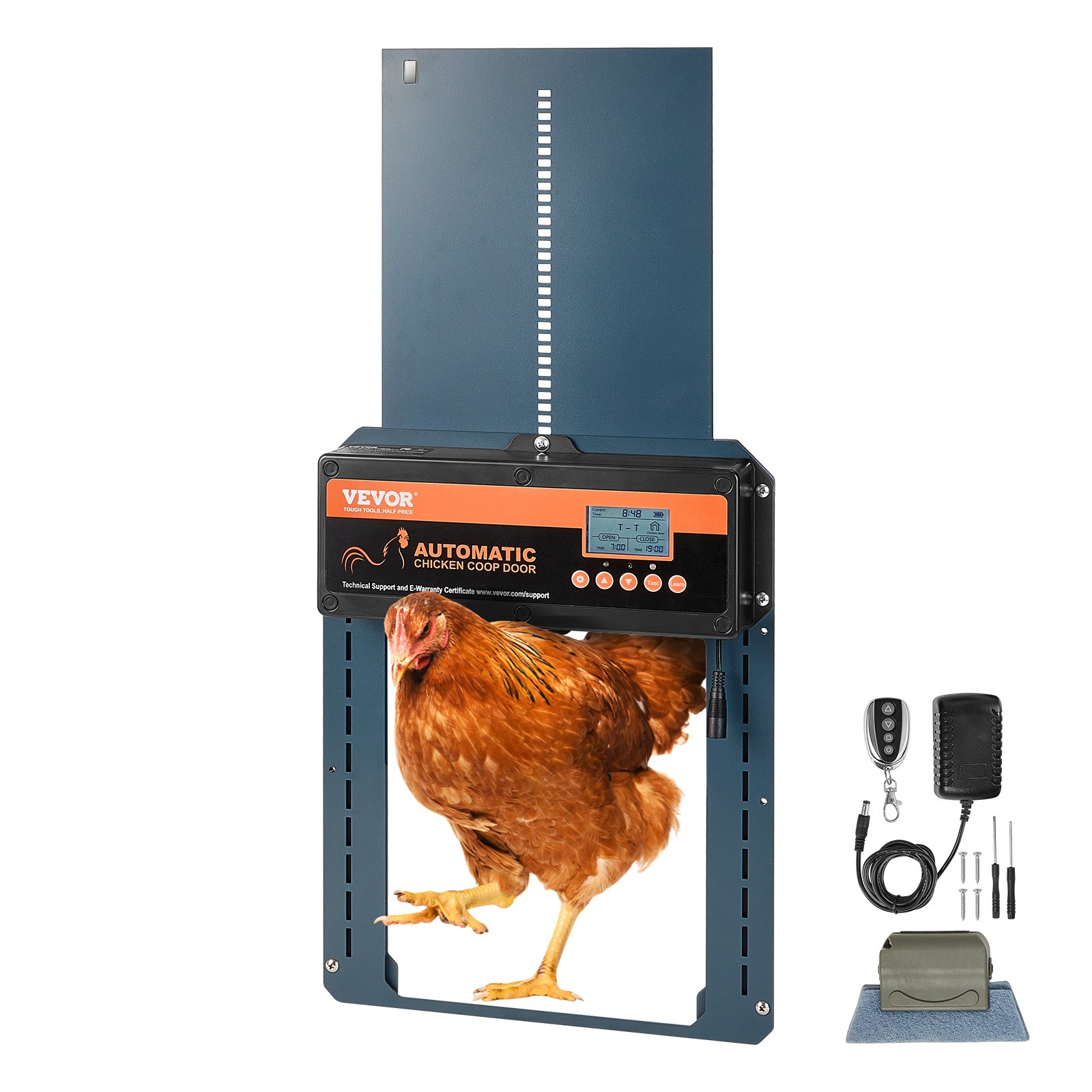 Puerta automática para gallinero VEVOR con gallinero marrón y accesorios de instalación.