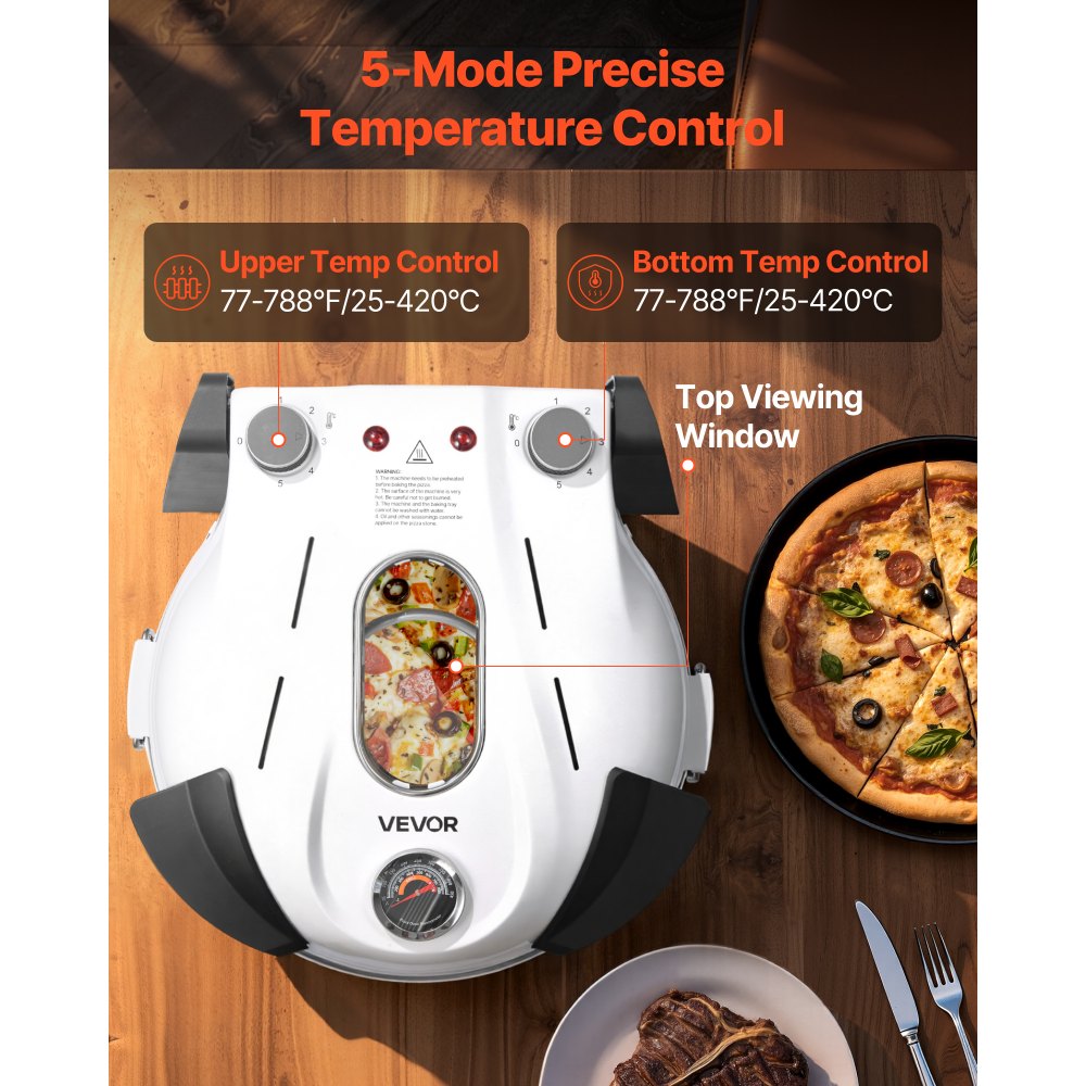 Horno de pizza VEVOR, 30 cm, 1200 W, con piedra de cordierita, control de temperatura de 5 modos, ventana de visualización para una cocción precisa, calienta hasta 460 °C, ideal para el hogar (blanco)