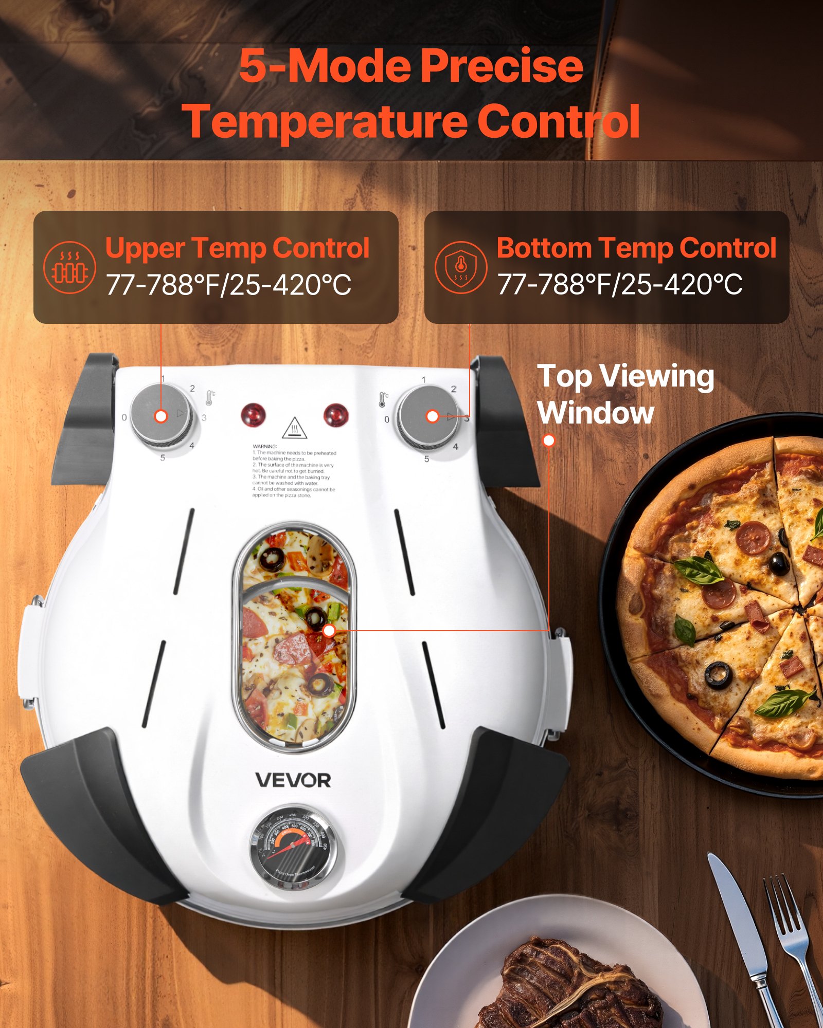 Horno de pizza VEVOR, 30 cm, 1200 W, con piedra de cordierita, control de temperatura de 5 modos, ventana de visualización para una cocción precisa, calienta hasta 460 °C, ideal para el hogar (blanco)