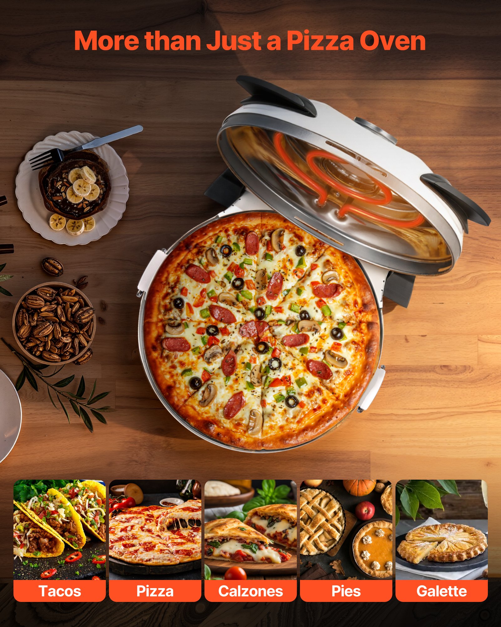 Horno de pizza VEVOR, 30 cm, 1200 W, con piedra de cordierita, control de temperatura de 5 modos, ventana de visualización para una cocción precisa, calienta hasta 460 °C, ideal para el hogar (blanco)