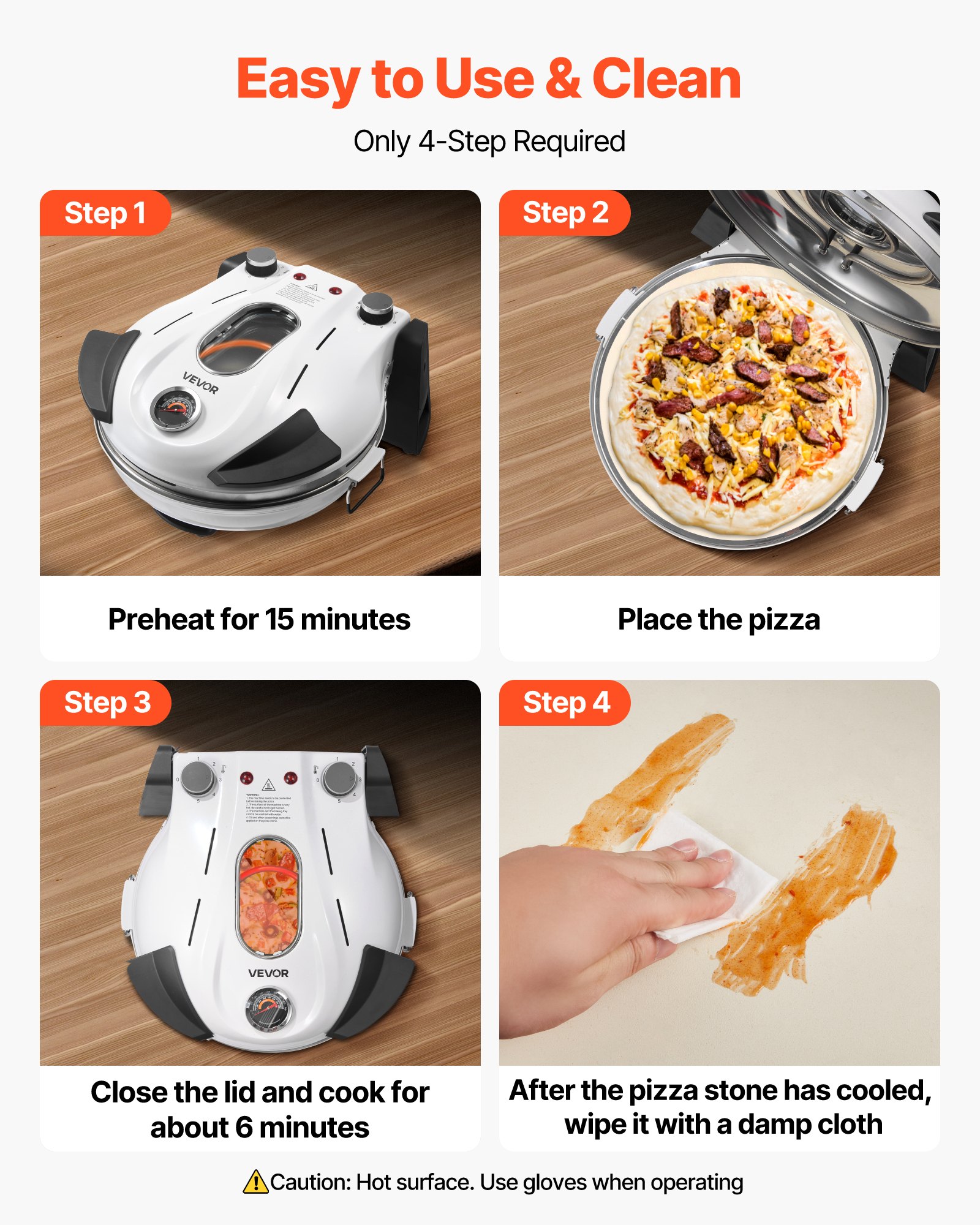 Horno de pizza VEVOR, 30 cm, 1200 W, con piedra de cordierita, control de temperatura de 5 modos, ventana de visualización para una cocción precisa, calienta hasta 460 °C, ideal para el hogar (blanco)