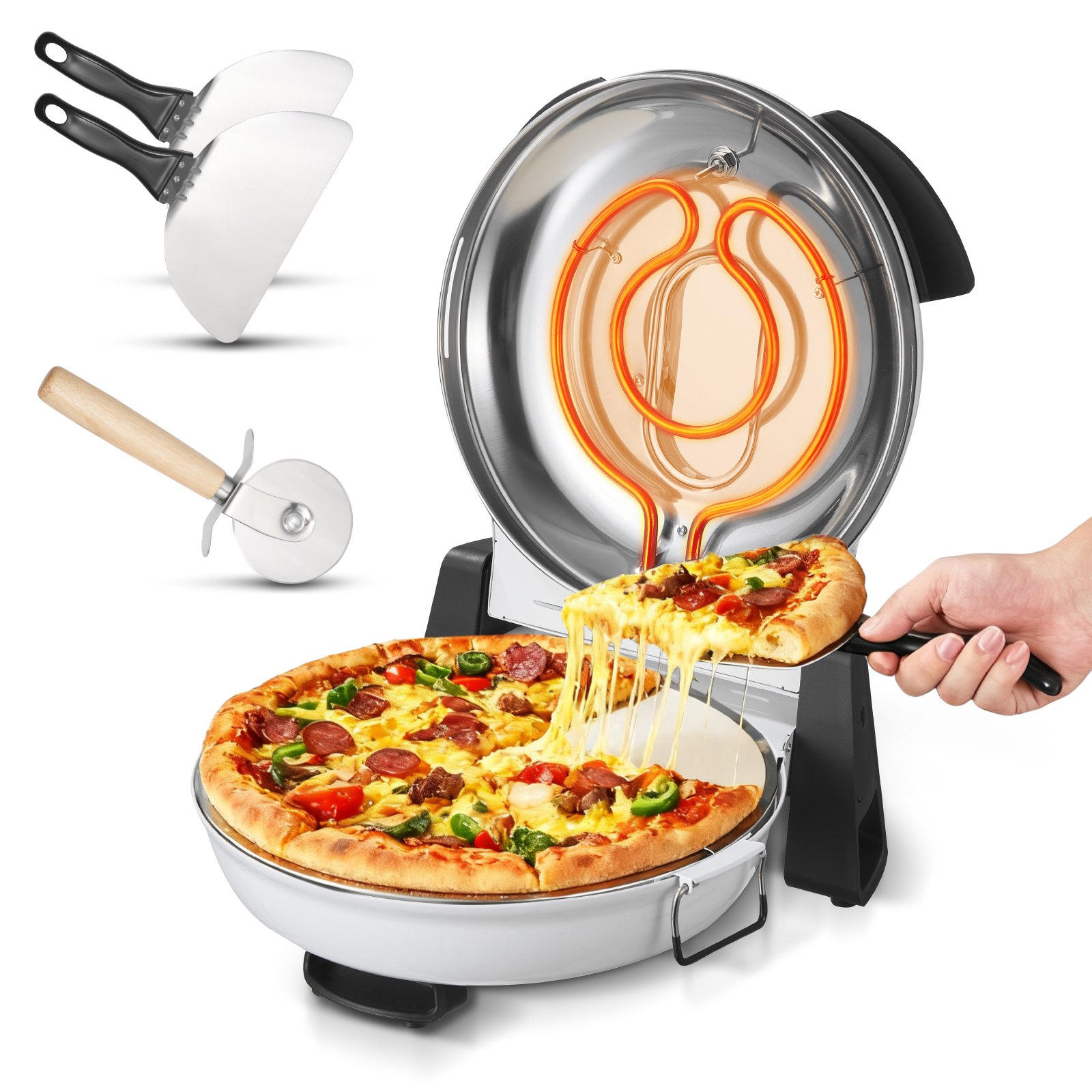 Horno de pizza VEVOR, 30 cm, 1200 W, con piedra de cordierita, control de temperatura de 5 modos, ventana de visualización para una cocción precisa, calienta hasta 460 °C, ideal para el hogar (blanco)