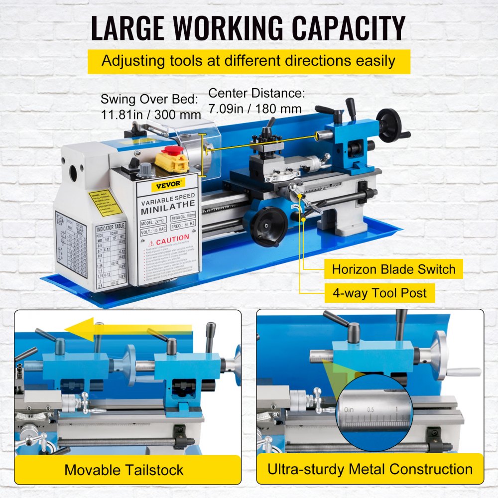 Torno de metal VEVOR de 18 x 30 cm, minitorno de precisión de sobremesa de 550 W, velocidad variable de 50 a 2500 RPM, engranaje de nailon con lámpara móvil para el procesamiento de piezas de precisión.