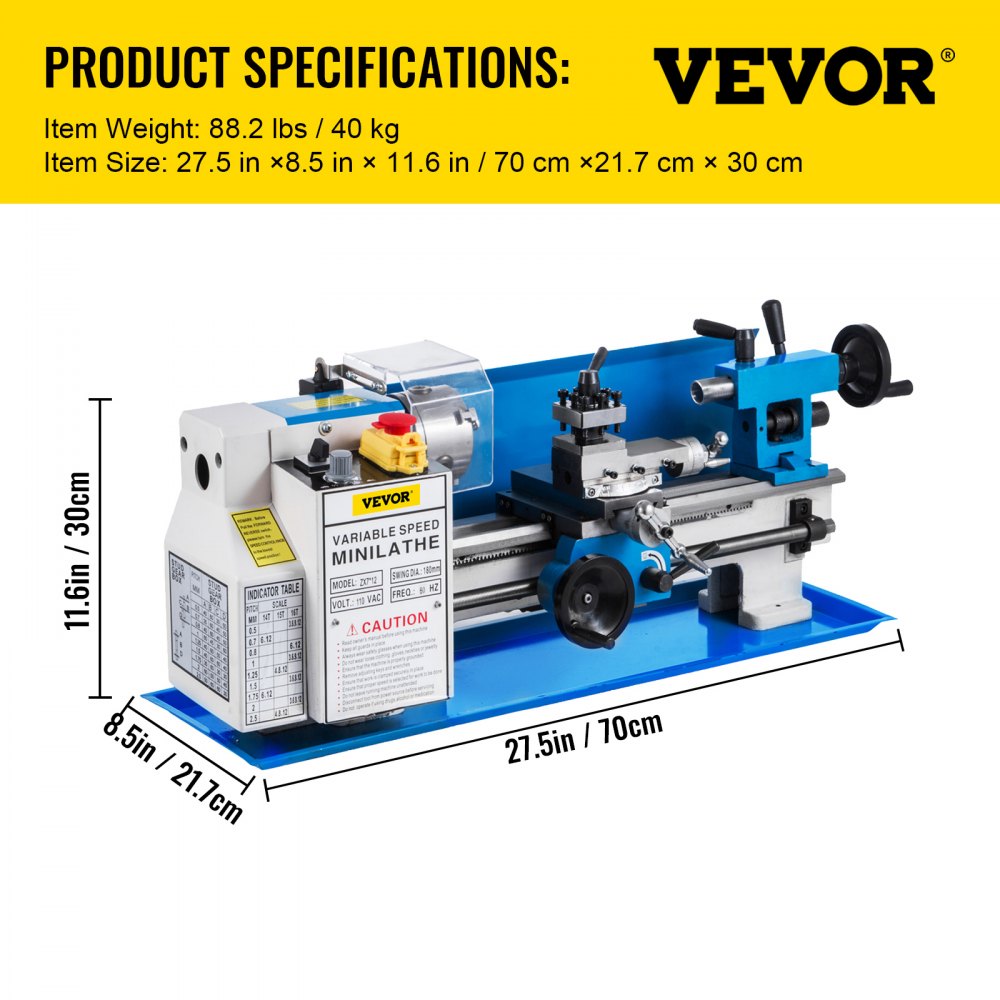 Torno de metal VEVOR de 18 x 30 cm, minitorno de precisión de sobremesa de 550 W, velocidad variable de 50 a 2500 RPM, engranaje de nailon con lámpara móvil para el procesamiento de piezas de precisión.