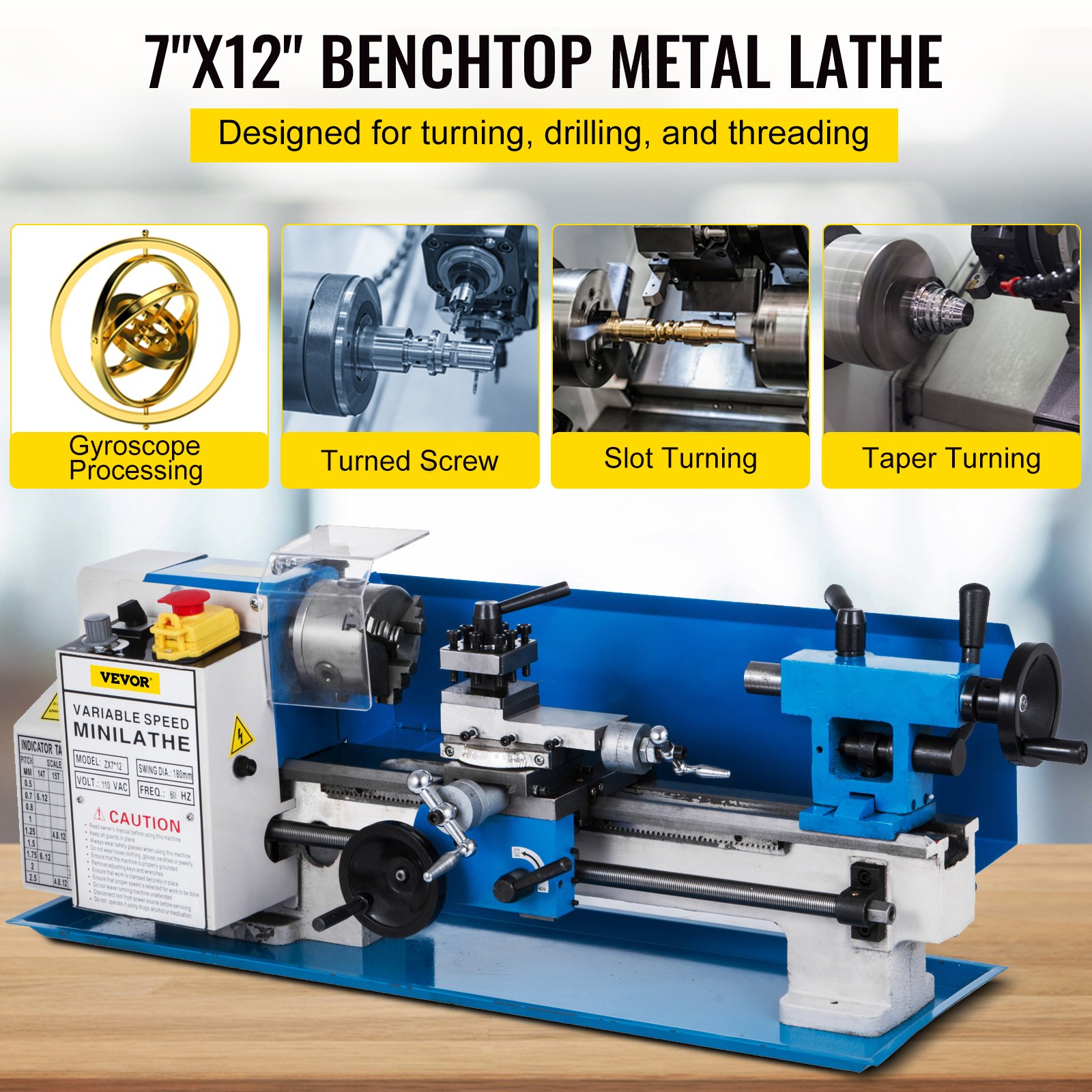 Torno de metal VEVOR de 18 x 30 cm, minitorno de precisión de sobremesa de 550 W, velocidad variable de 50 a 2500 RPM, engranaje de nailon con lámpara móvil para el procesamiento de piezas de precisión.