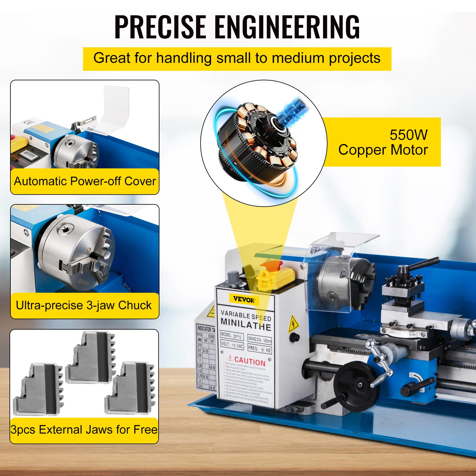 Torno de metal VEVOR de 18 x 30 cm, minitorno de precisión de sobremesa de 550 W, velocidad variable de 50 a 2500 RPM, engranaje de nailon con lámpara móvil para el procesamiento de piezas de precisión.