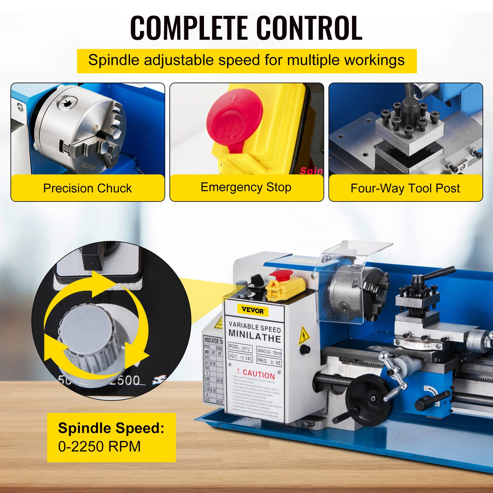 Torno de metal VEVOR de 18 x 30 cm, minitorno de precisión de sobremesa de 550 W, velocidad variable de 50 a 2500 RPM, engranaje de nailon con lámpara móvil para el procesamiento de piezas de precisión.
