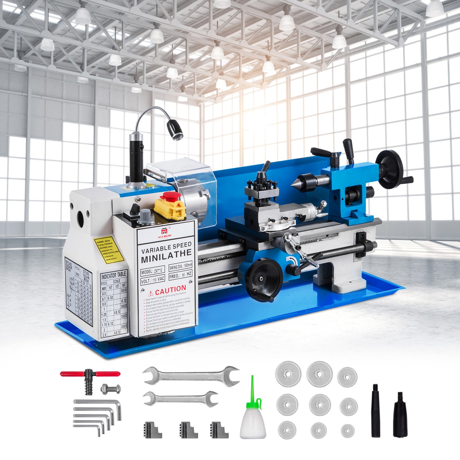 Torno de metal VEVOR de 18 x 30 cm, minitorno de precisión de sobremesa de 550 W, velocidad variable de 50 a 2500 RPM, engranaje de nailon con lámpara móvil para el procesamiento de piezas de precisión.