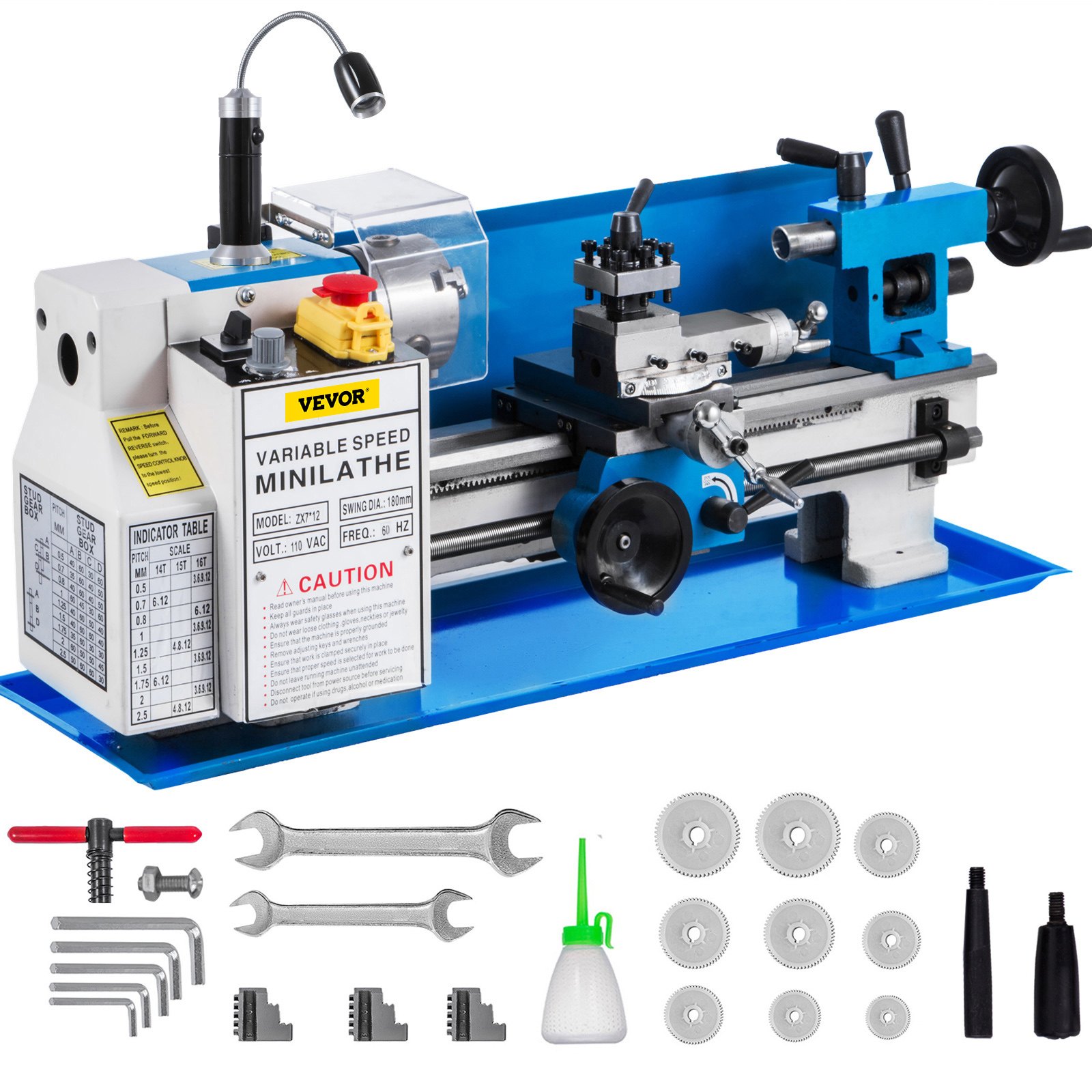 Torno de metal VEVOR de 18 x 30 cm, minitorno de precisión de sobremesa de 550 W, velocidad variable de 50 a 2500 RPM, engranaje de nailon con lámpara móvil para el procesamiento de piezas de precisión.