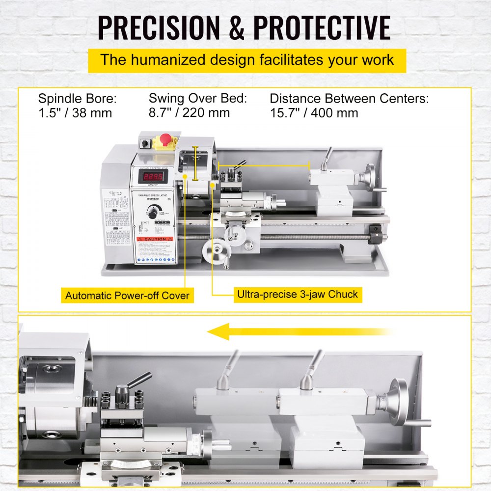 Mini torno de metal VEVOR de 8,7" x 16", 2250 PRM, con cambio de velocidad variable, de precisión, 1100 W, para trabajar metales, pequeño torno de metal, fresadora para diversos tipos de torneado.
