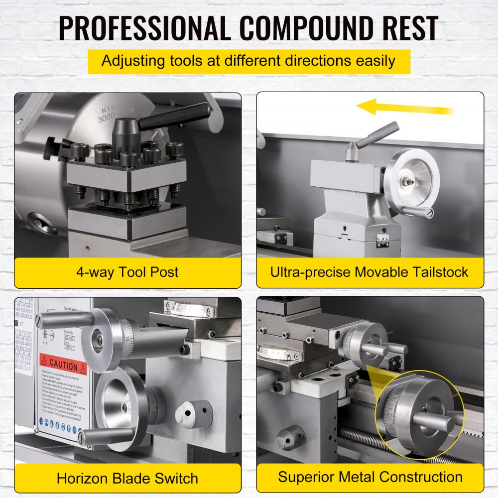 Mini torno de metal VEVOR de 8,7" x 16", 2250 PRM, con cambio de velocidad variable, de precisión, 1100 W, para trabajar metales, pequeño torno de metal, fresadora para diversos tipos de torneado.