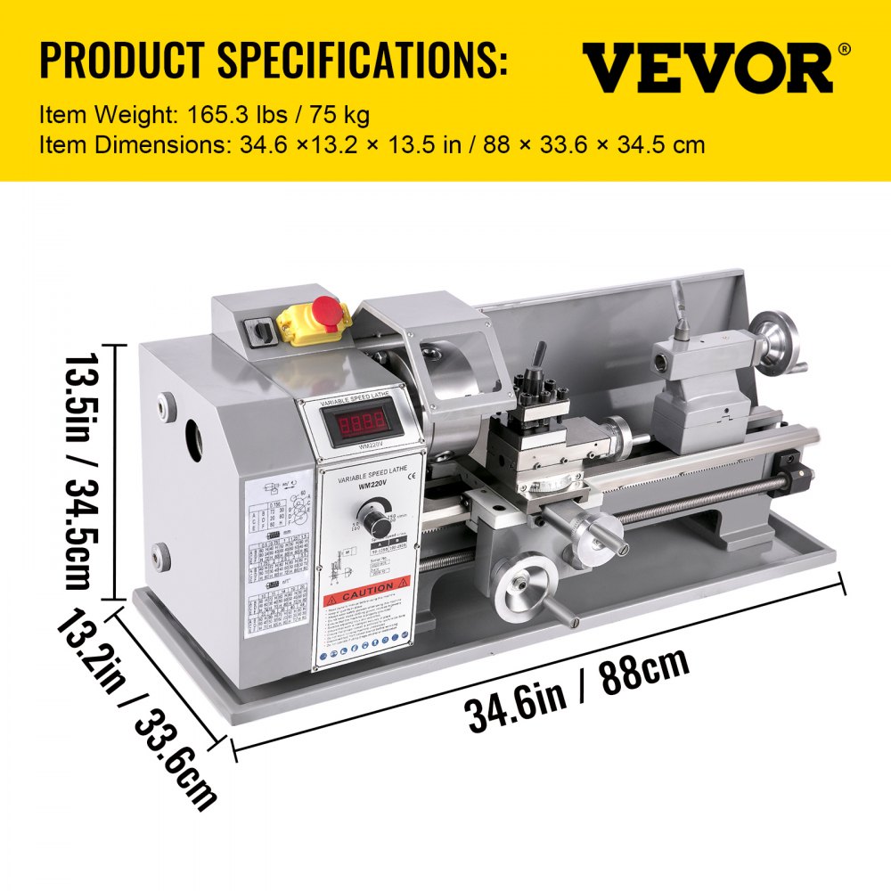 Mini torno de metal VEVOR de 8,7" x 16", 2250 PRM, con cambio de velocidad variable, de precisión, 1100 W, para trabajar metales, pequeño torno de metal, fresadora para diversos tipos de torneado.