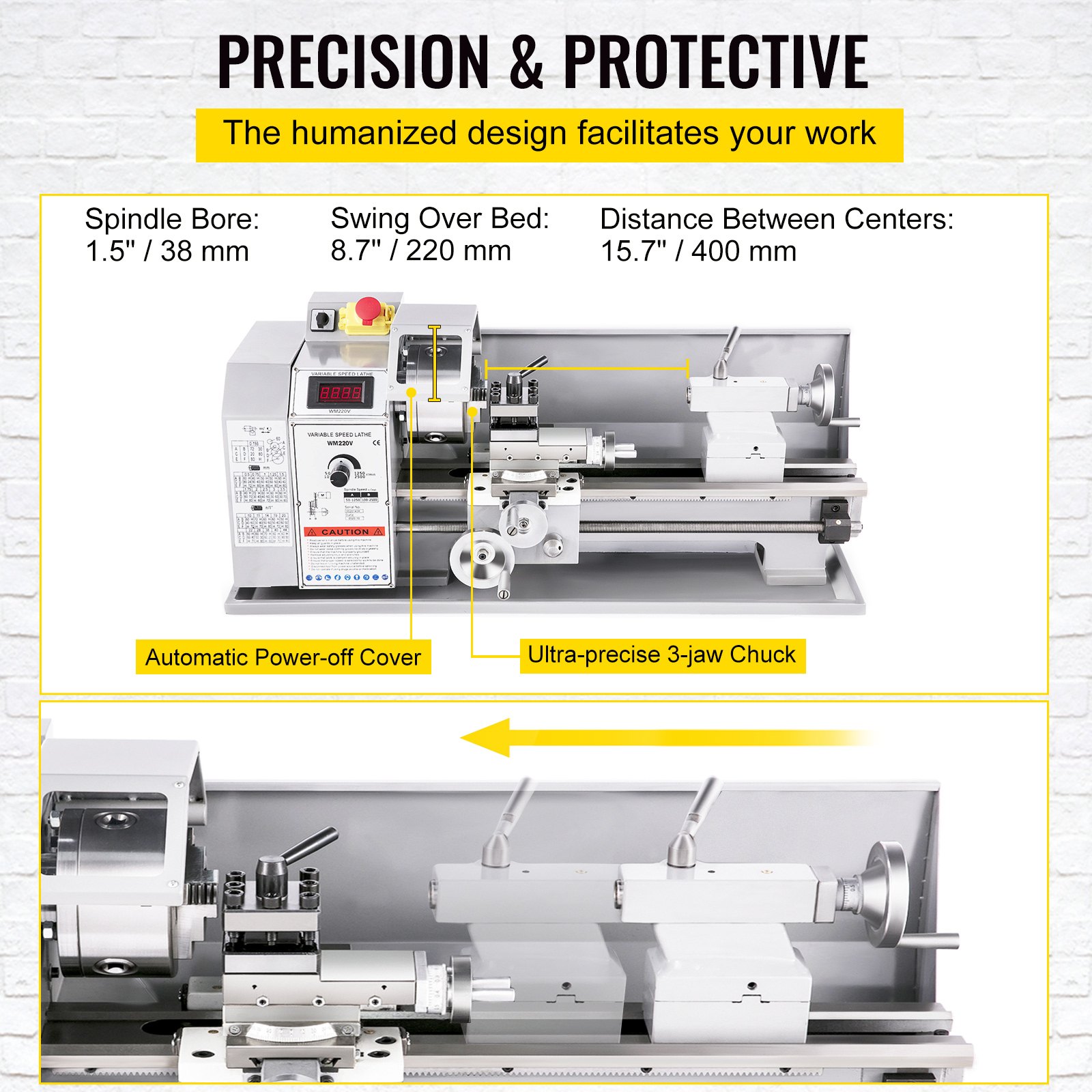 Mini torno de metal VEVOR de 8,7" x 16", 2250 PRM, con cambio de velocidad variable, de precisión, 1100 W, para trabajar metales, pequeño torno de metal, fresadora para diversos tipos de torneado.