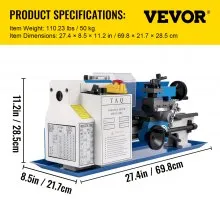 VEVOR 7x12 Tornos y fresadoras Máquina de torno Mini Torno de Fresado Torno de Metal de 550 W Monofásico 50-2500 Rpm