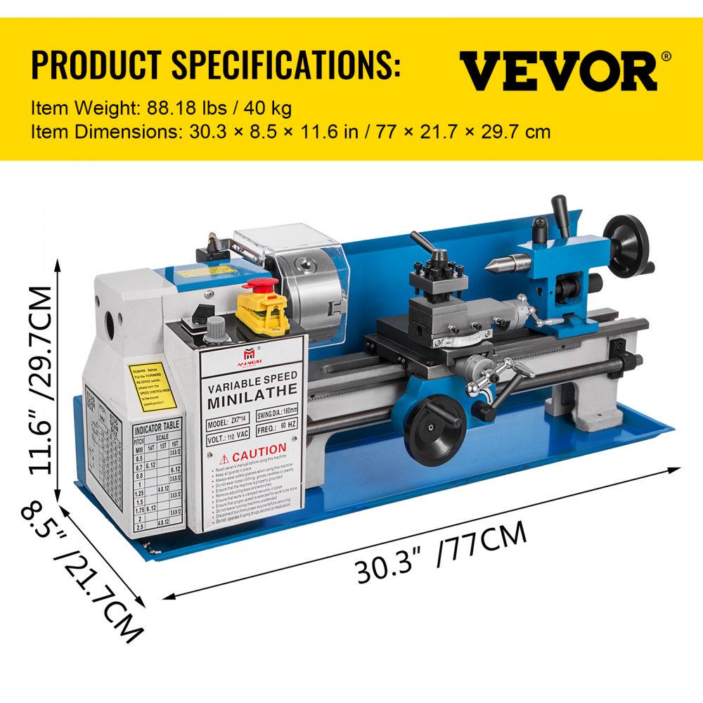 Especificaciones del producto torno de metal VEVOR con dimensiones y peso detallados.