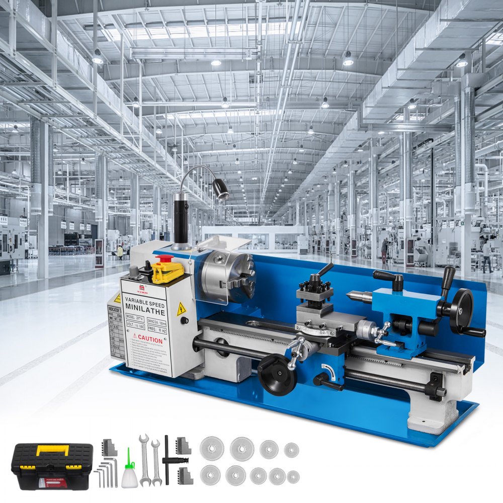 Torno de metal VEVOR en un taller industrial con herramientas y accesorios expuestos.