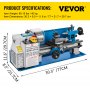 Especificaciones del producto torno de metal VEVOR con dimensiones y peso detallados.