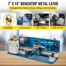 VEVOR Mini torno Torno de metal Tornos y fresadoras Máquina de torno, mesa de precisión 7x14, velocidad Variable, engranaje de nailon de 50-2500 Rpm
