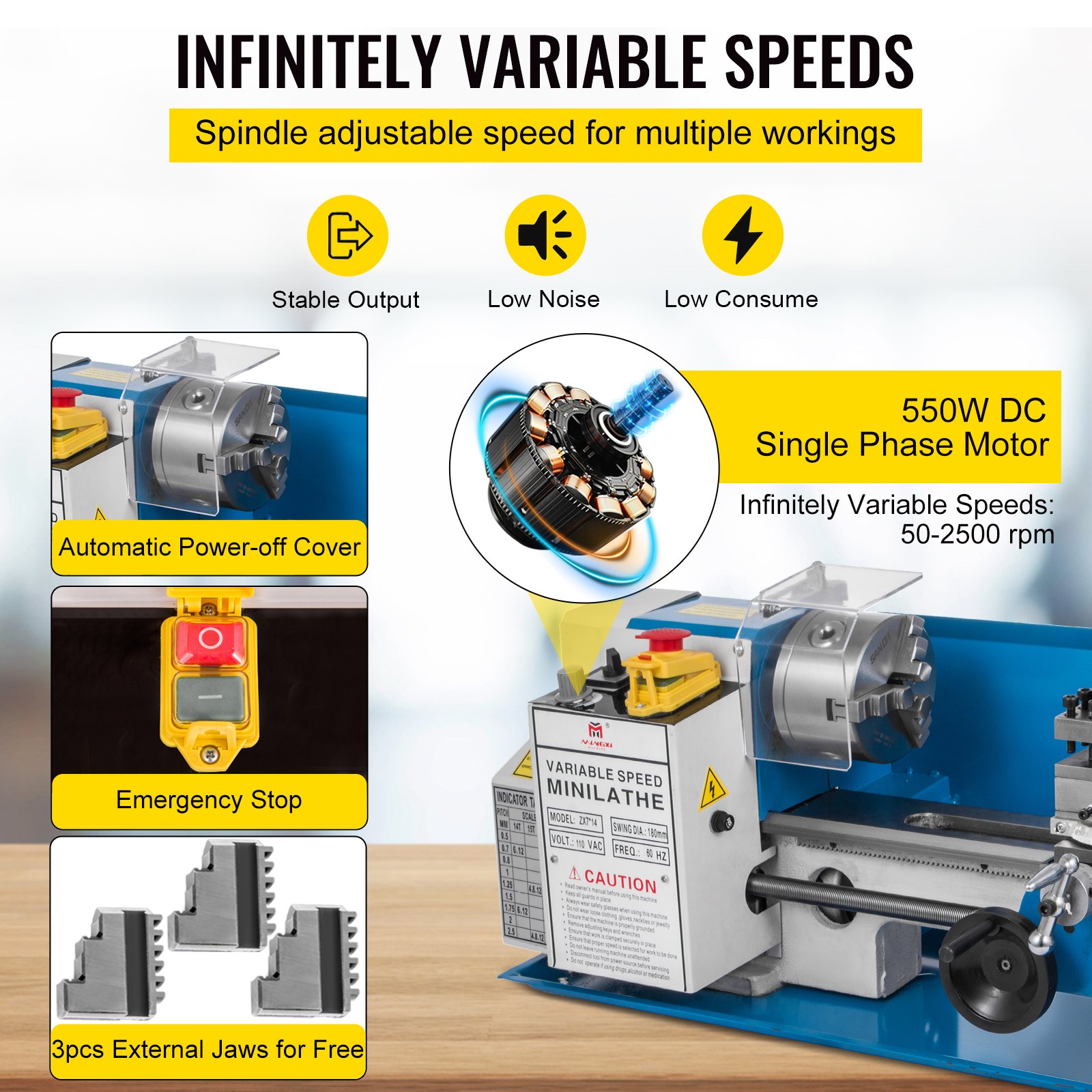 Torno de metal VEVOR con motor de 550w, tapa de apagado automático e interruptor de parada de emergencia.