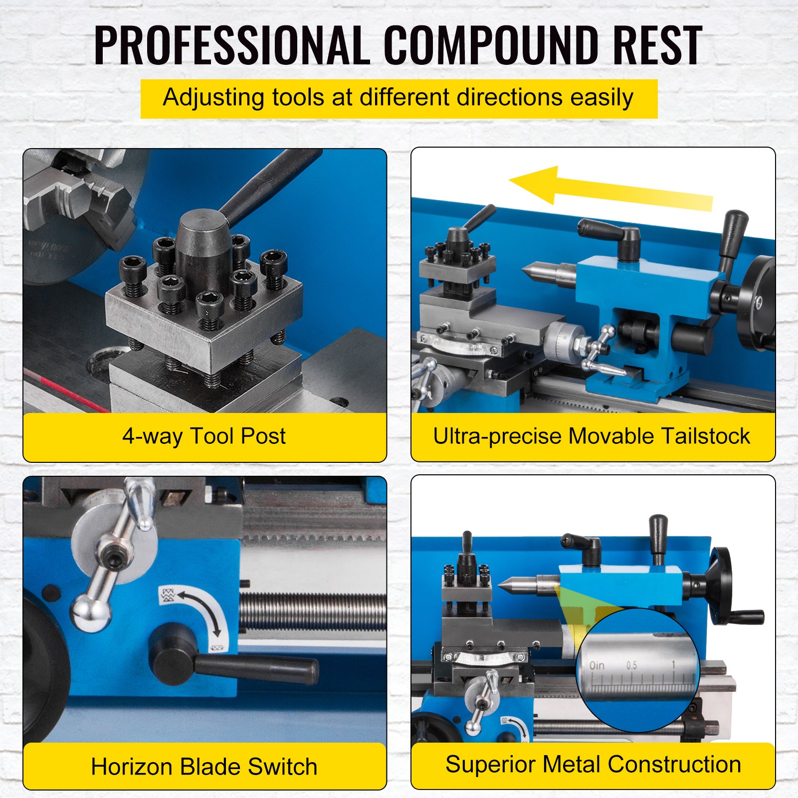 Torno de metal VEVOR con puesto de herramientas de 4 vías, contrapunto móvil, interruptor de cuchilla, construcción de metal.