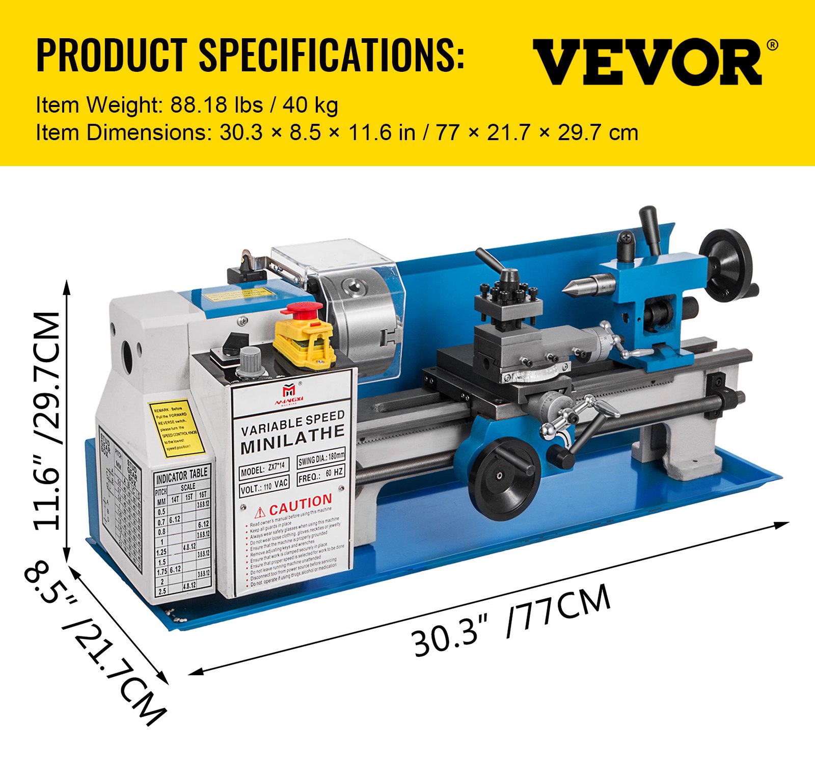 Especificaciones del producto torno de metal VEVOR con dimensiones y peso detallados.