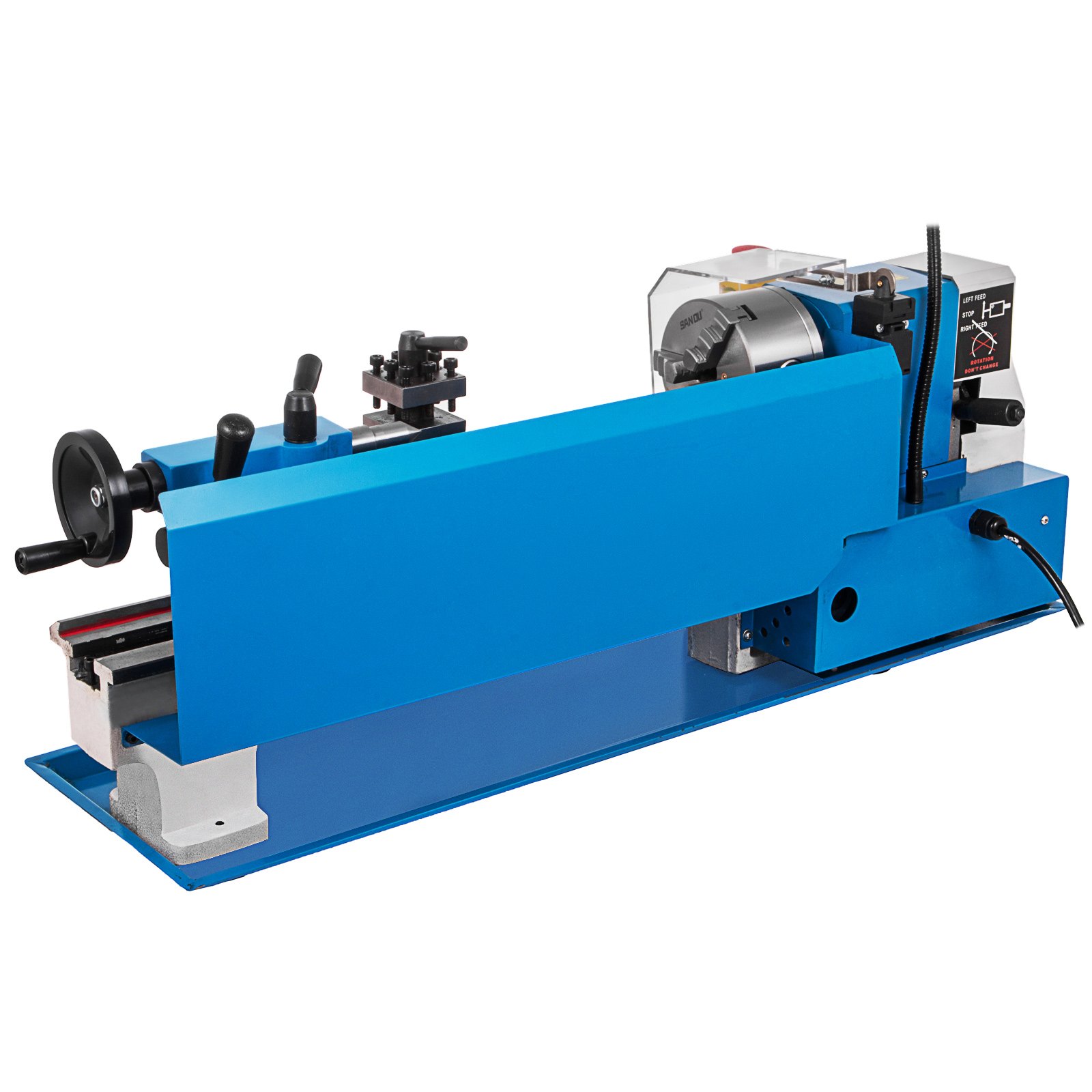 Torno de metal VEVOR azul con volantes ajustables y mandril de precisión.