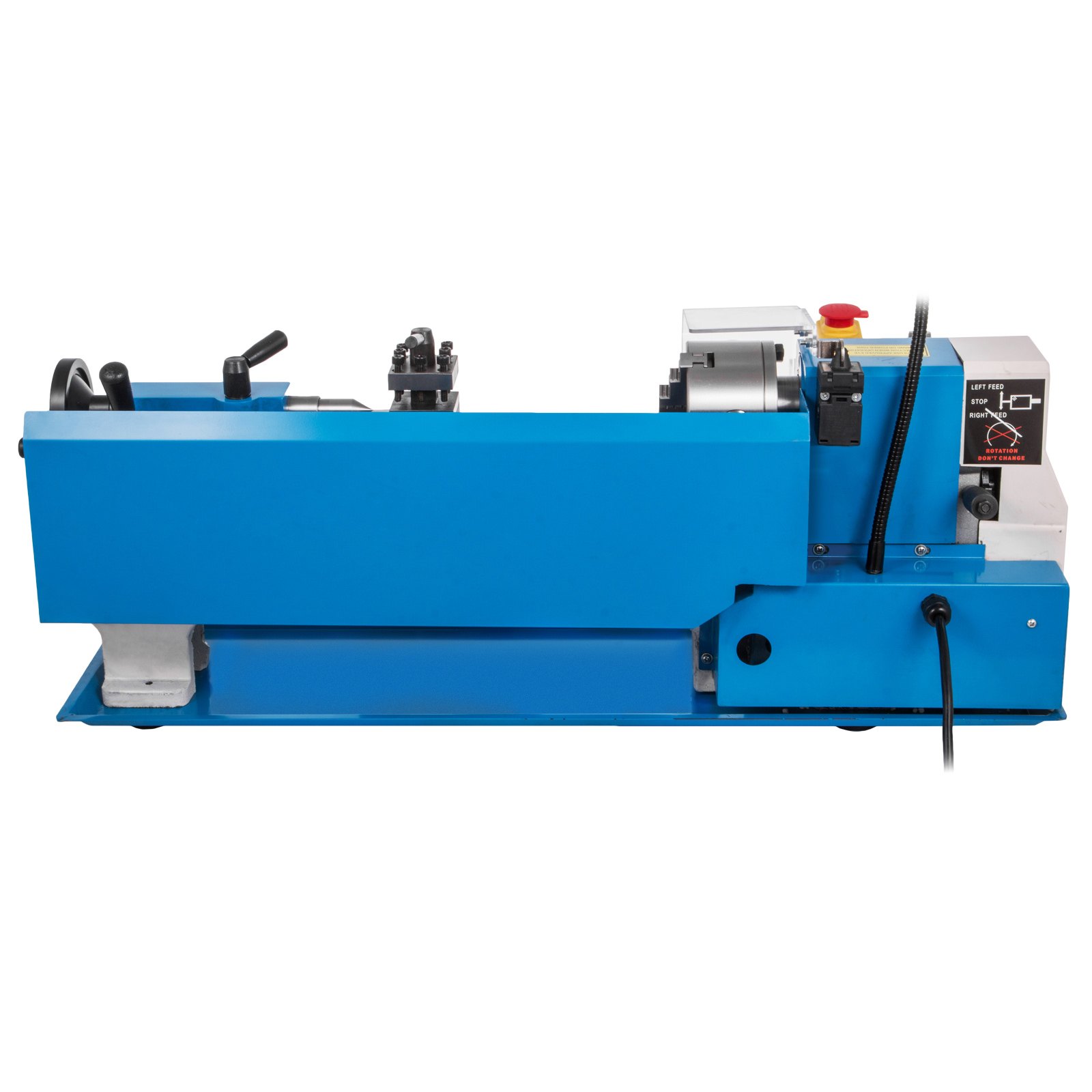 Torno de metal VEVOR azul con panel de control y volantes para un mecanizado preciso.