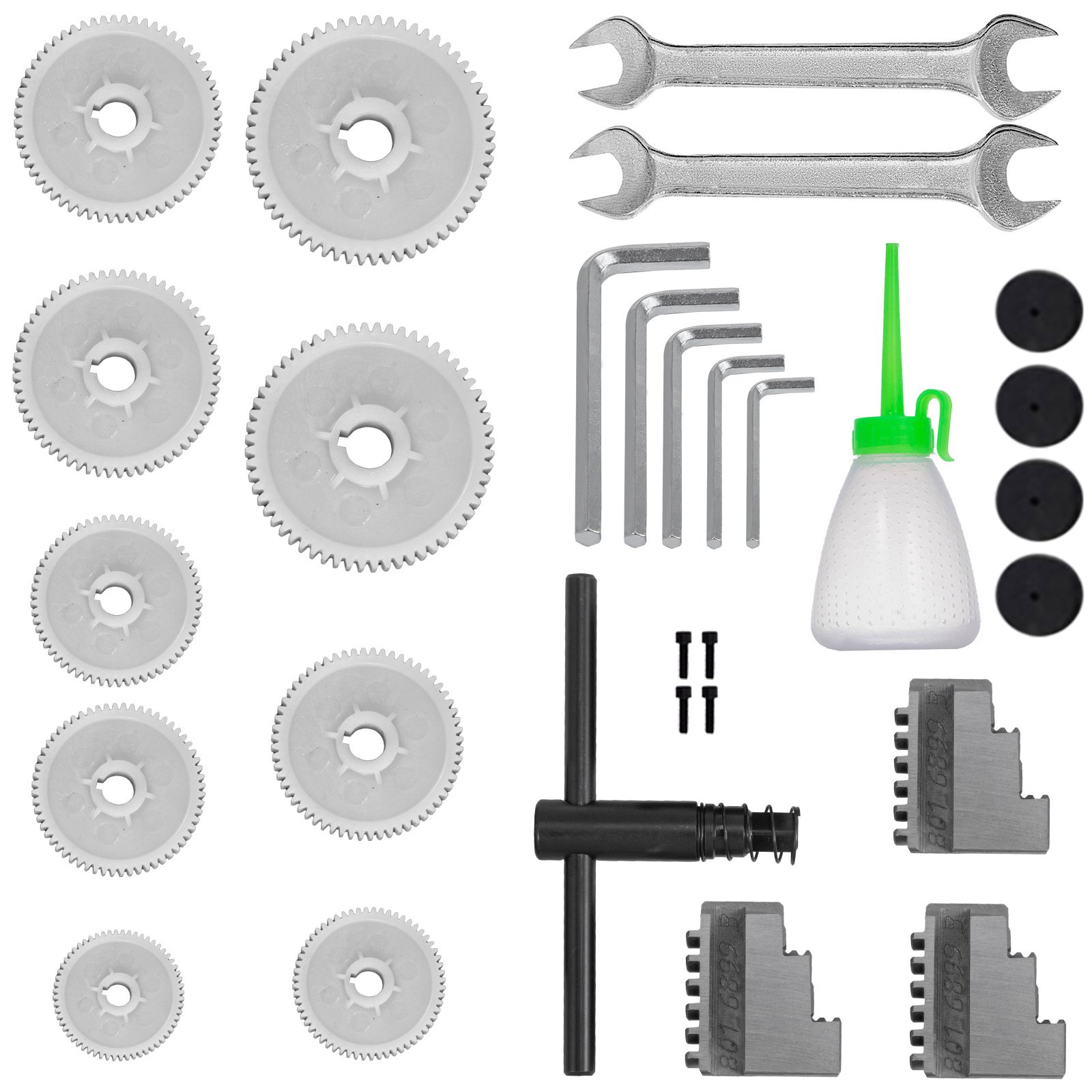 Accesorios de torno de metal VEVOR que incluyen engranajes, llaves, llaves hexagonales y botella de aceite.