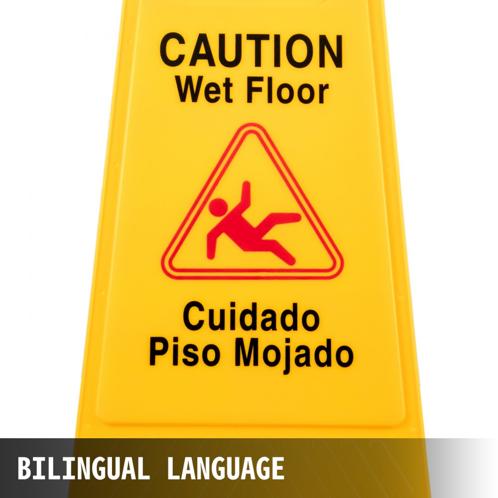 Señal amarilla de suelo mojado VEVOR con &quot;precaución suelo mojado&quot; y &quot;cuidado piso mojado&quot;.