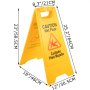 Señal amarilla de suelo mojado VEVOR con gráficos de precaución y texto en español, dimensiones marcadas.