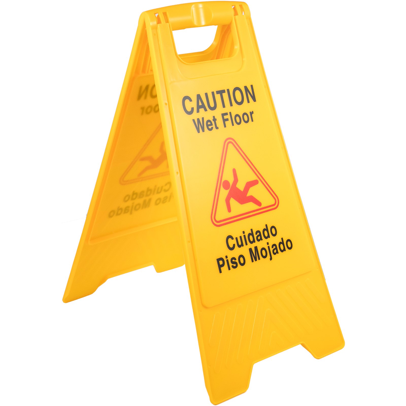 Señal amarilla de suelo mojado VEVOR con mensaje de precaución en inglés y español.