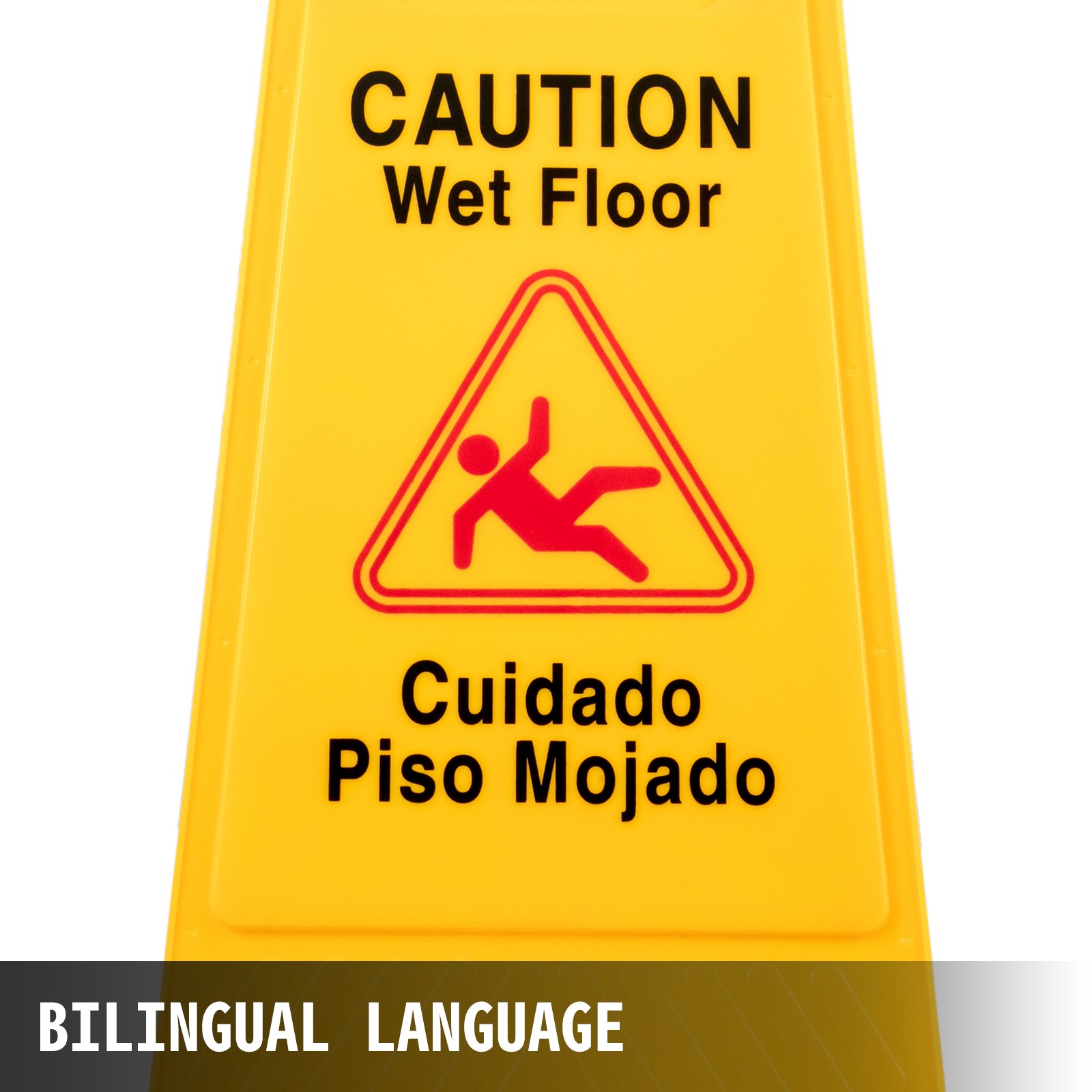 Señal amarilla de suelo mojado VEVOR con &quot;precaución suelo mojado&quot; y &quot;cuidado piso mojado&quot;.